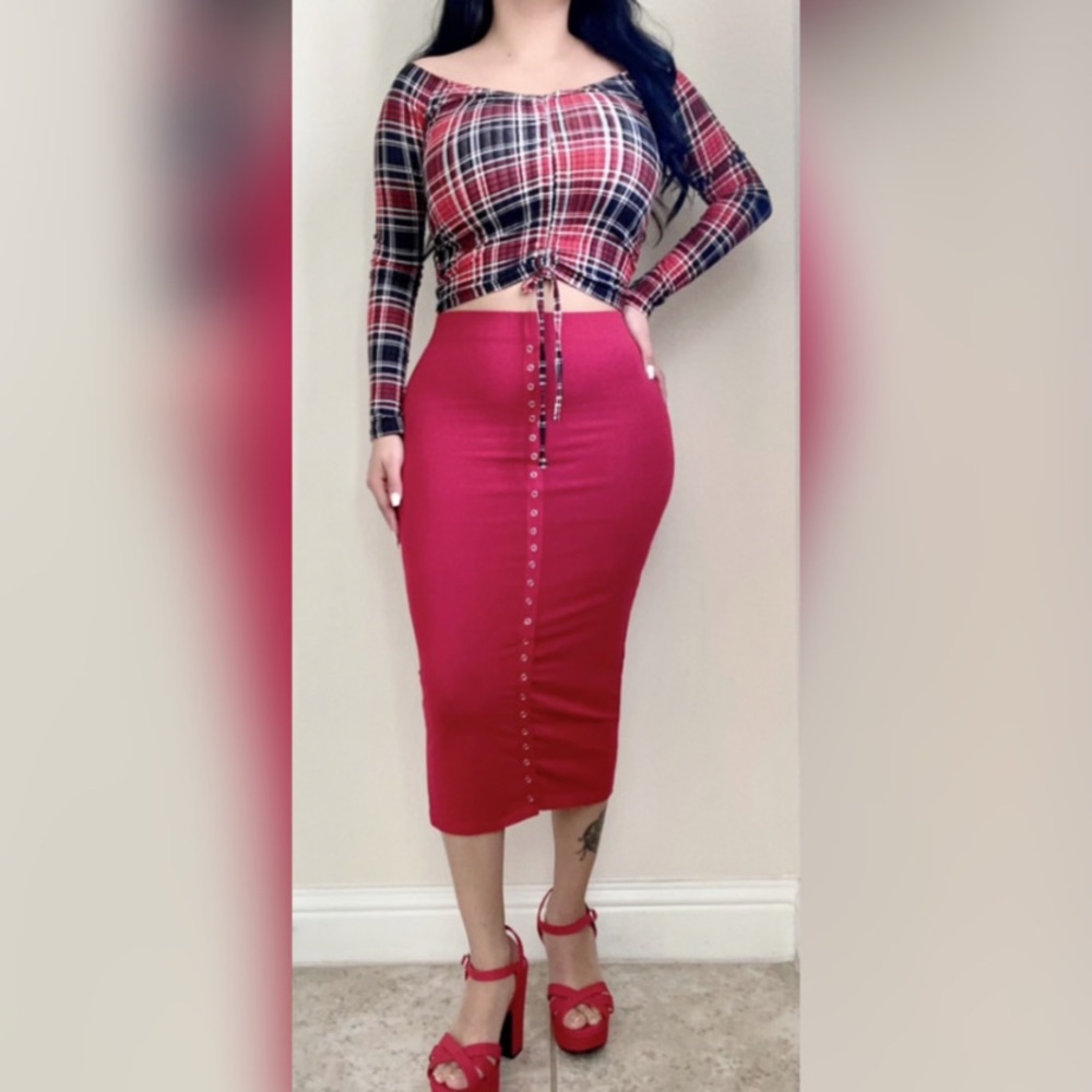Red Snap Tape Midi Skirt